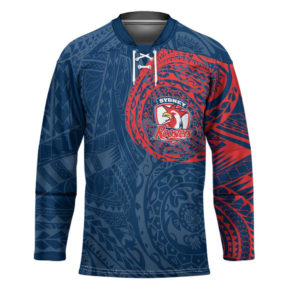 Personalized Sydney Roosters Hockey Jersey Polynesian Tribal Chest and Sleeve Tattoo