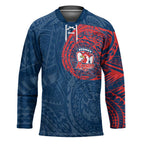 Personalized Sydney Roosters Hockey Jersey Polynesian Tribal Chest and Sleeve Tattoo