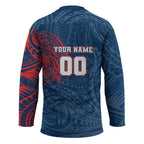 Personalized Sydney Roosters Hockey Jersey Polynesian Tribal Chest and Sleeve Tattoo