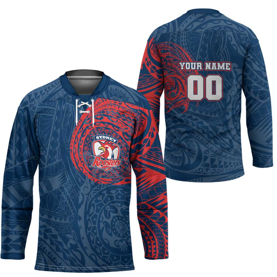 Personalized Sydney Roosters Hockey Jersey Polynesian Tribal Chest and Sleeve Tattoo