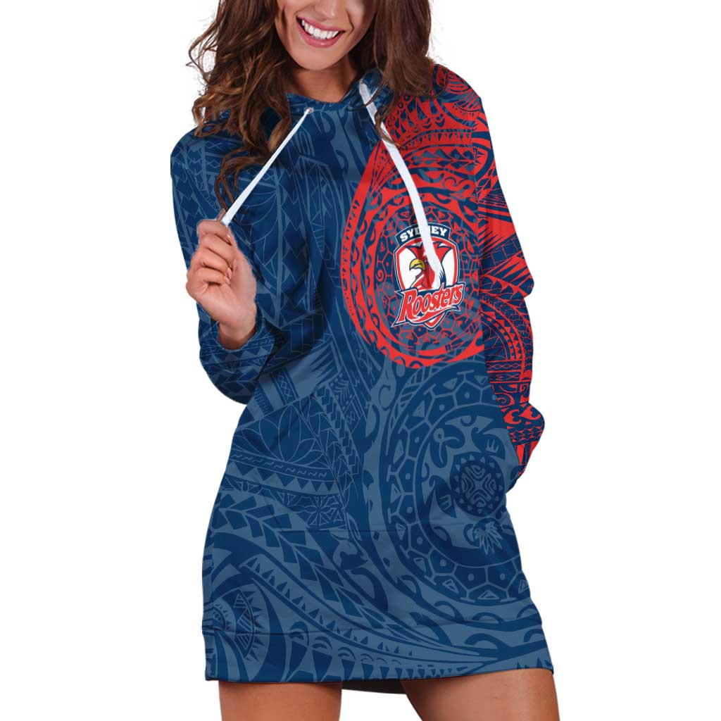 Personalized Sydney Roosters Hoodie Dress Polynesian Tribal Chest and Sleeve Tattoo