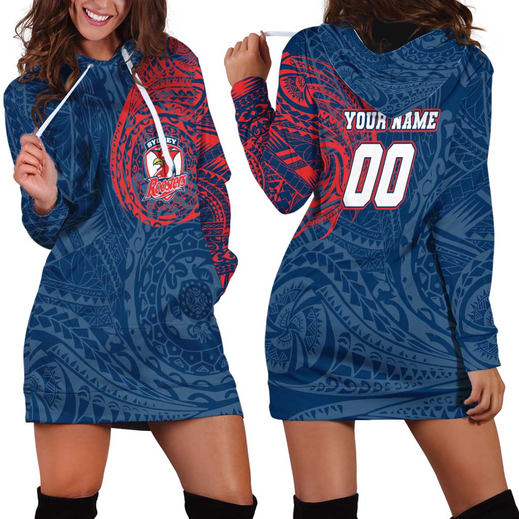 Personalized Sydney Roosters Hoodie Dress Polynesian Tribal Chest and Sleeve Tattoo