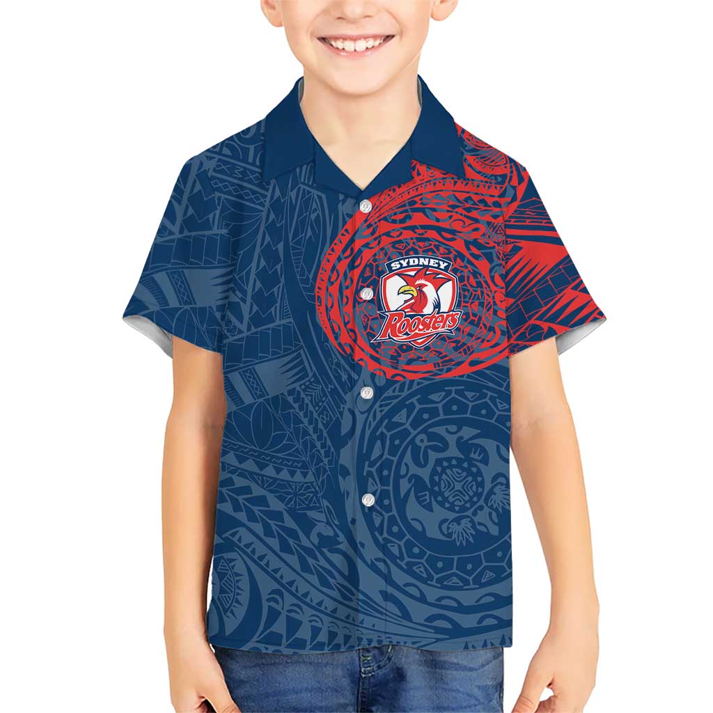 Personalized Sydney Roosters Kid Hawaiian Shirt Polynesian Tribal Chest and Sleeve Tattoo