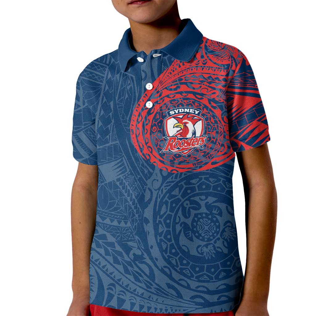 Personalized Sydney Roosters Kid Polo Shirt Polynesian Tribal Chest and Sleeve Tattoo