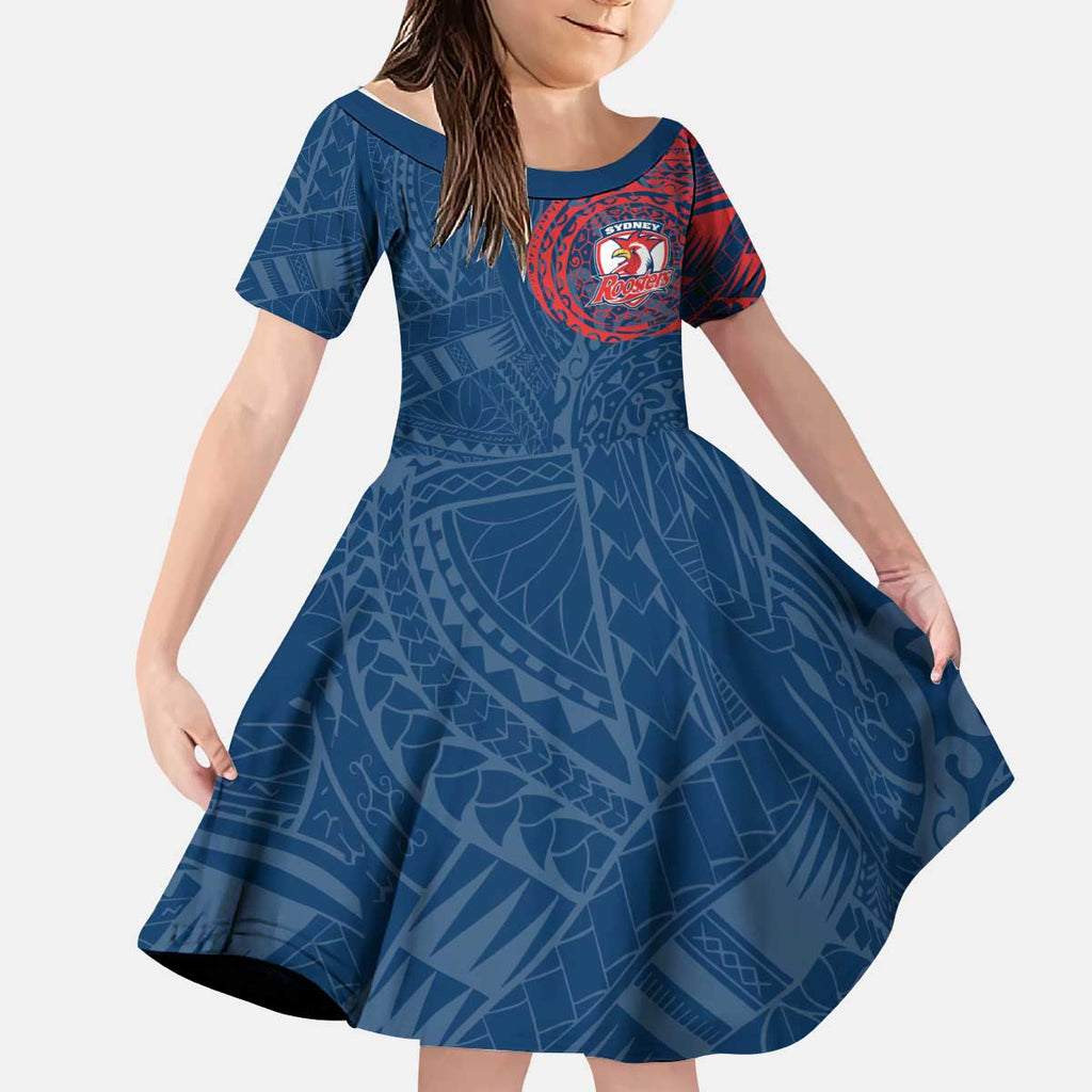 Personalized Sydney Roosters Kid Short Sleeve Dress Polynesian Tribal Chest and Sleeve Tattoo