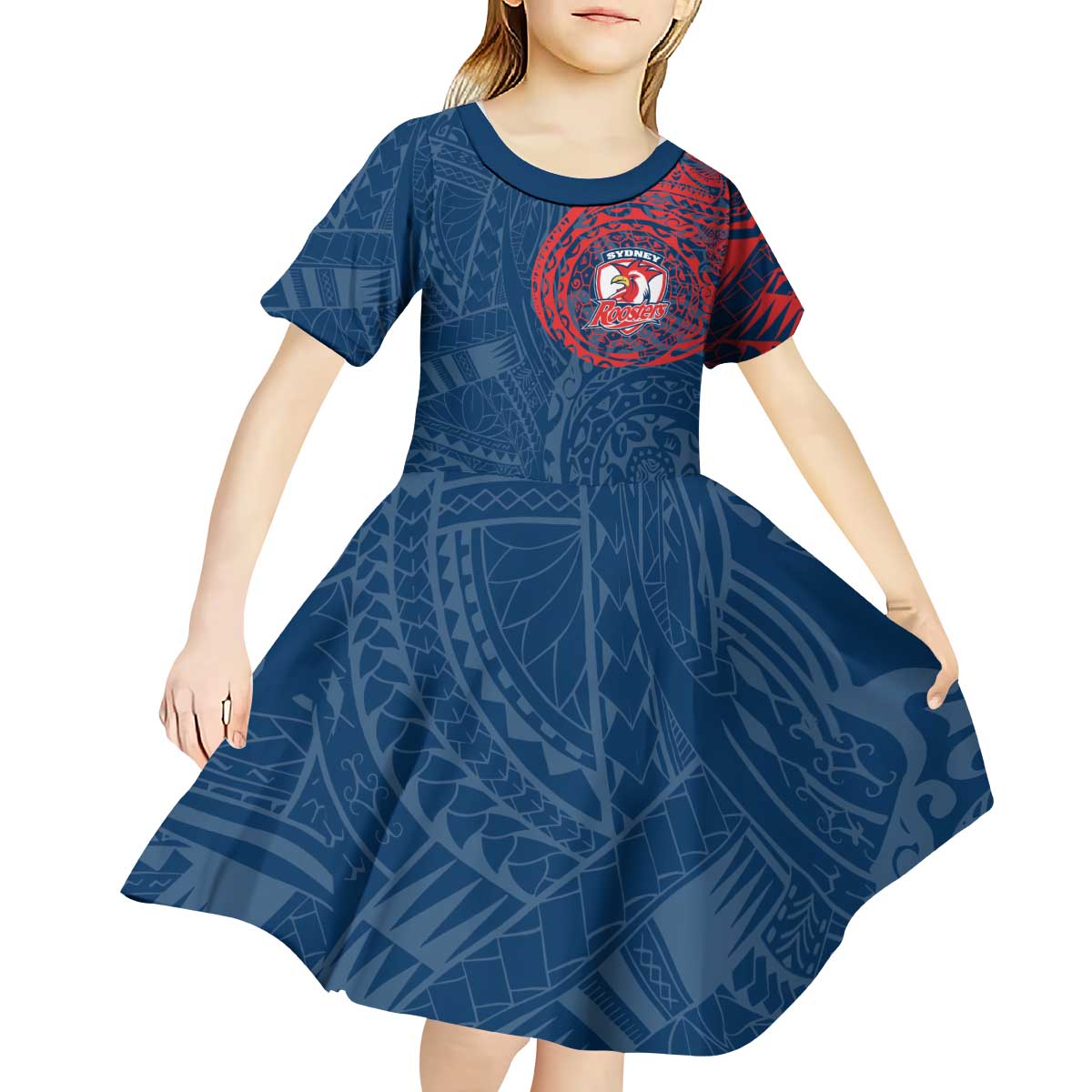 Personalized Sydney Roosters Kid Short Sleeve Dress Polynesian Tribal Chest and Sleeve Tattoo