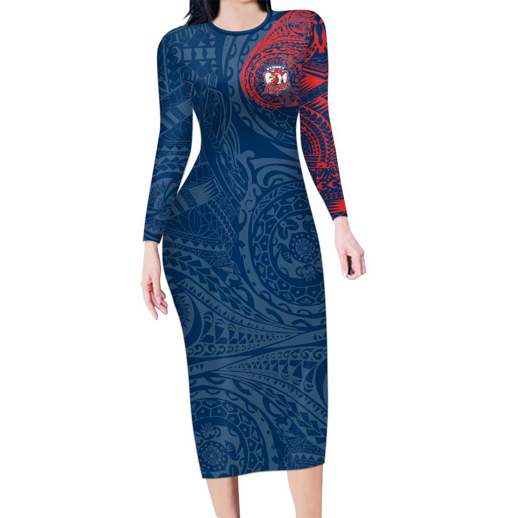 Personalized Sydney Roosters Long Sleeve Bodycon Dress Polynesian Tribal Chest and Sleeve Tattoo