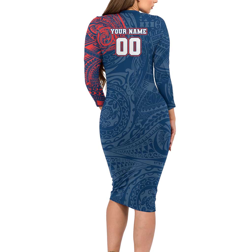 Personalized Sydney Roosters Long Sleeve Bodycon Dress Polynesian Tribal Chest and Sleeve Tattoo