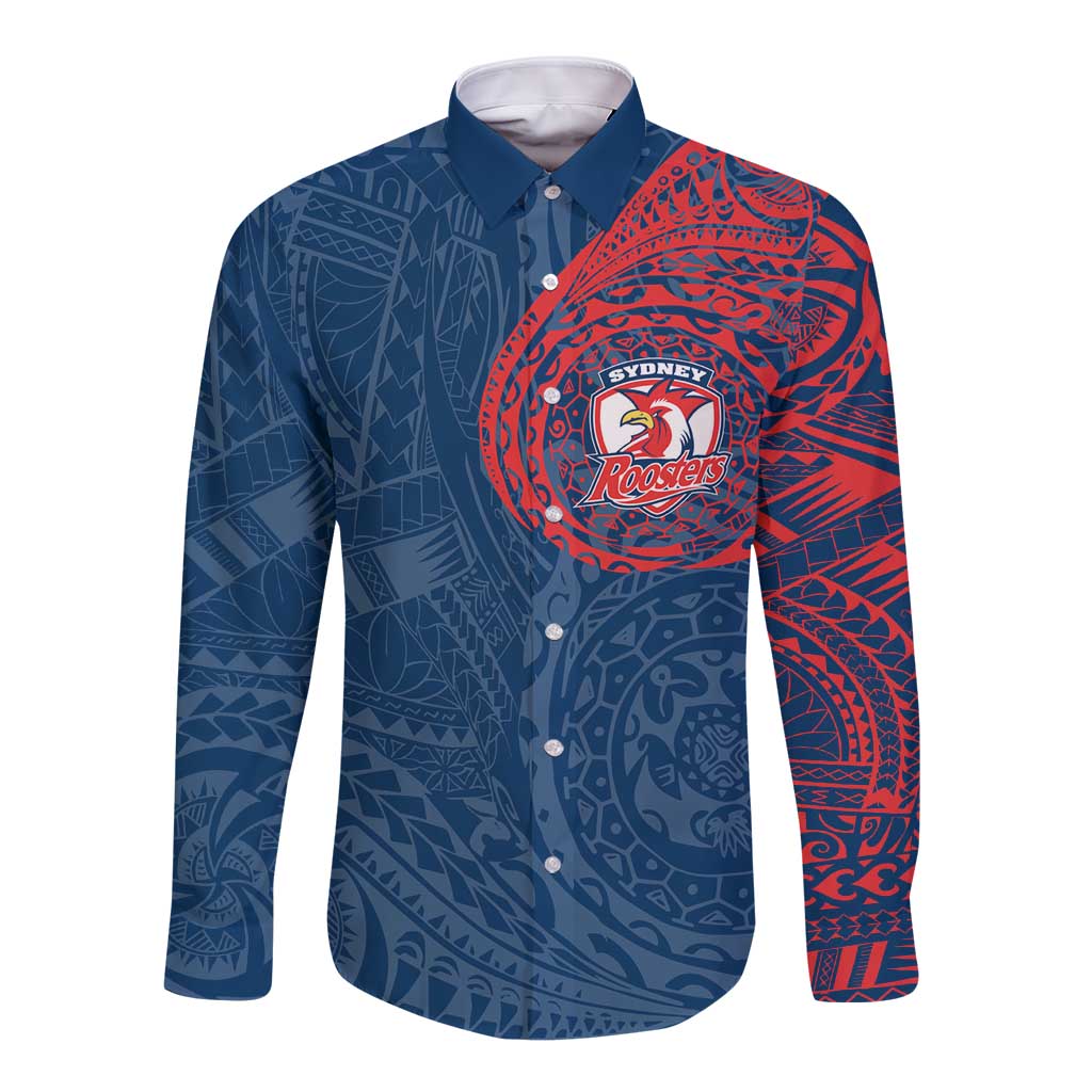 Personalized Sydney Roosters Long Sleeve Button Shirt Polynesian Tribal Chest and Sleeve Tattoo
