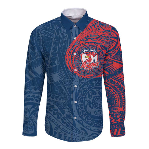 Personalized Sydney Roosters Long Sleeve Button Shirt Polynesian Tribal Chest and Sleeve Tattoo