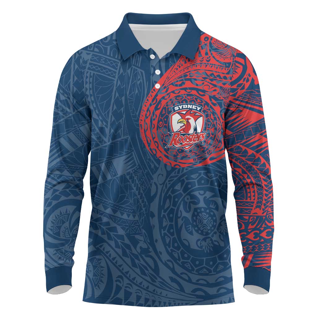 Personalized Sydney Roosters Long Sleeve Polo Shirt Polynesian Tribal Chest and Sleeve Tattoo