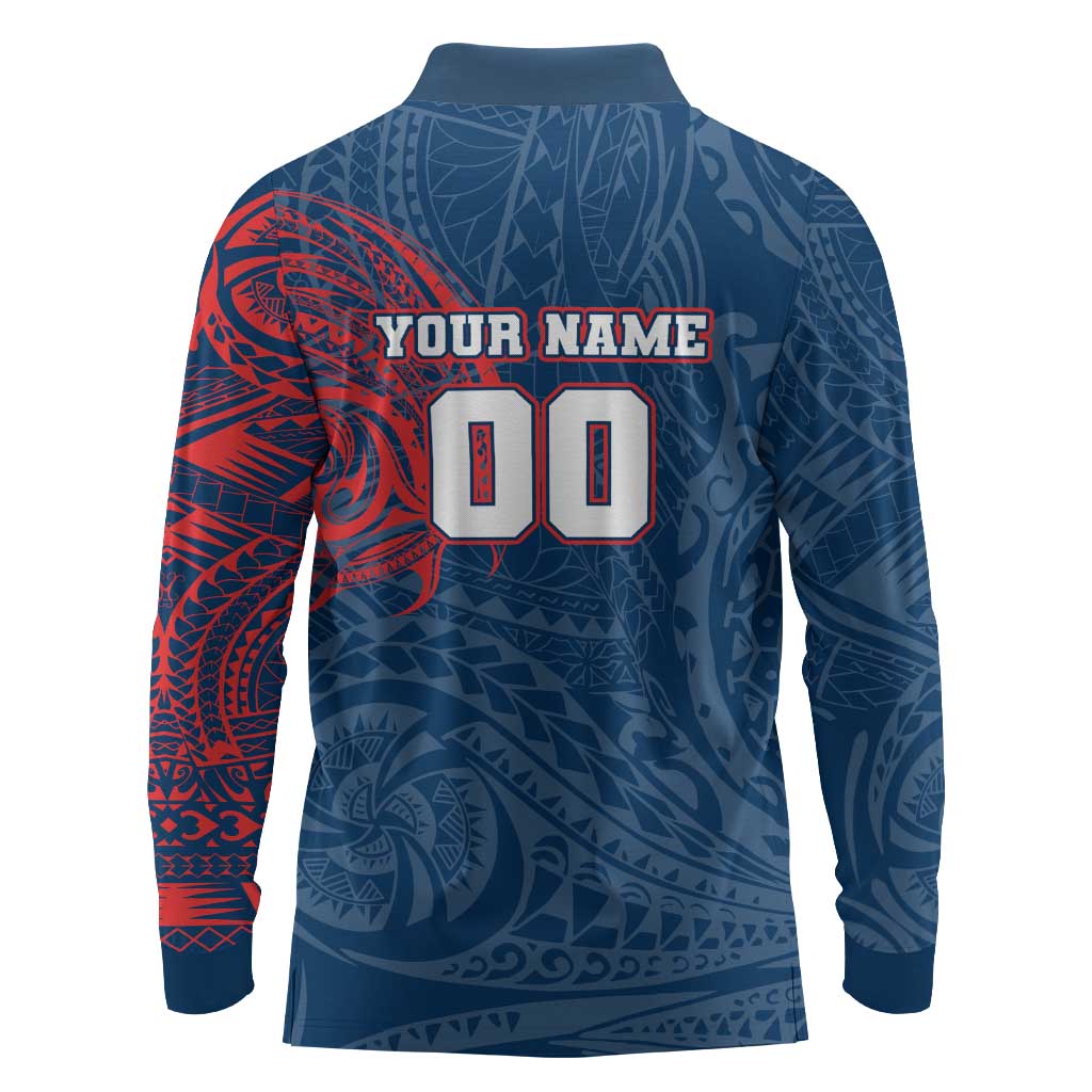 Personalized Sydney Roosters Long Sleeve Polo Shirt Polynesian Tribal Chest and Sleeve Tattoo