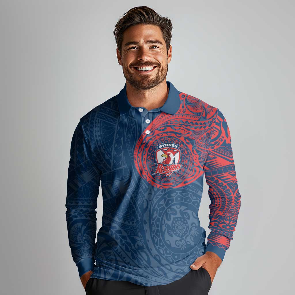 Personalized Sydney Roosters Long Sleeve Polo Shirt Polynesian Tribal Chest and Sleeve Tattoo