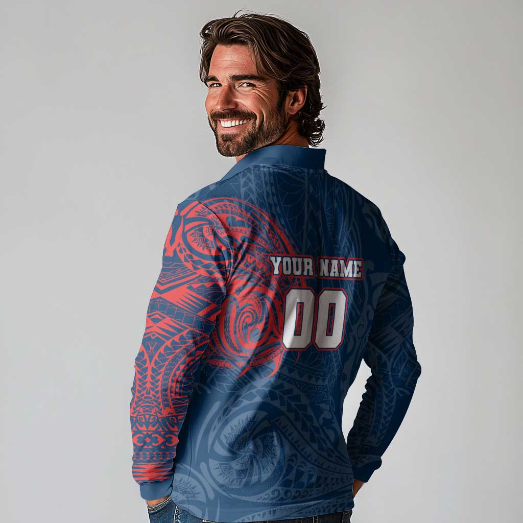 Personalized Sydney Roosters Long Sleeve Polo Shirt Polynesian Tribal Chest and Sleeve Tattoo