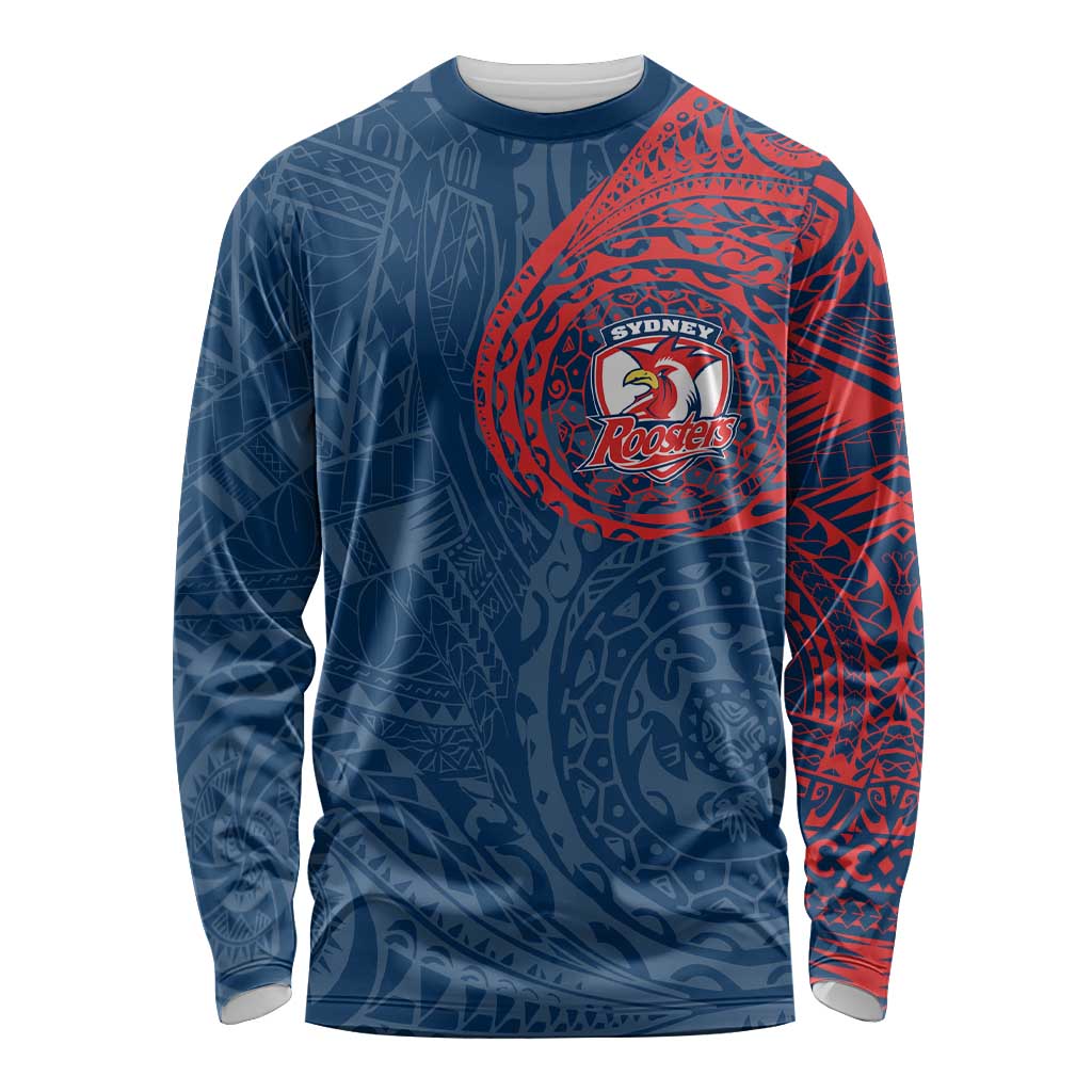 Personalized Sydney Roosters Long Sleeve Shirt Polynesian Tribal Chest and Sleeve Tattoo