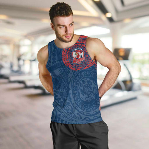 Personalized Sydney Roosters Men Tank Top Polynesian Tribal Chest and Sleeve Tattoo