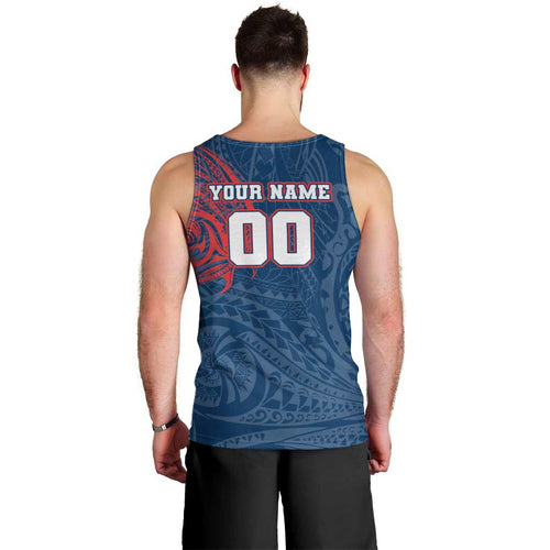 Personalized Sydney Roosters Men Tank Top Polynesian Tribal Chest and Sleeve Tattoo