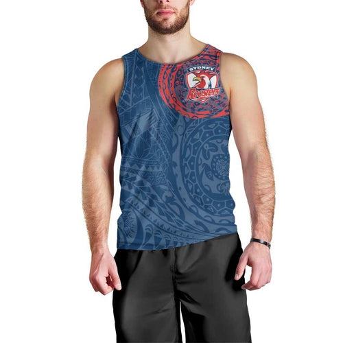 Personalized Sydney Roosters Men Tank Top Polynesian Tribal Chest and Sleeve Tattoo