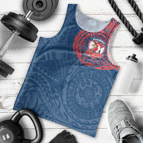 Personalized Sydney Roosters Men Tank Top Polynesian Tribal Chest and Sleeve Tattoo