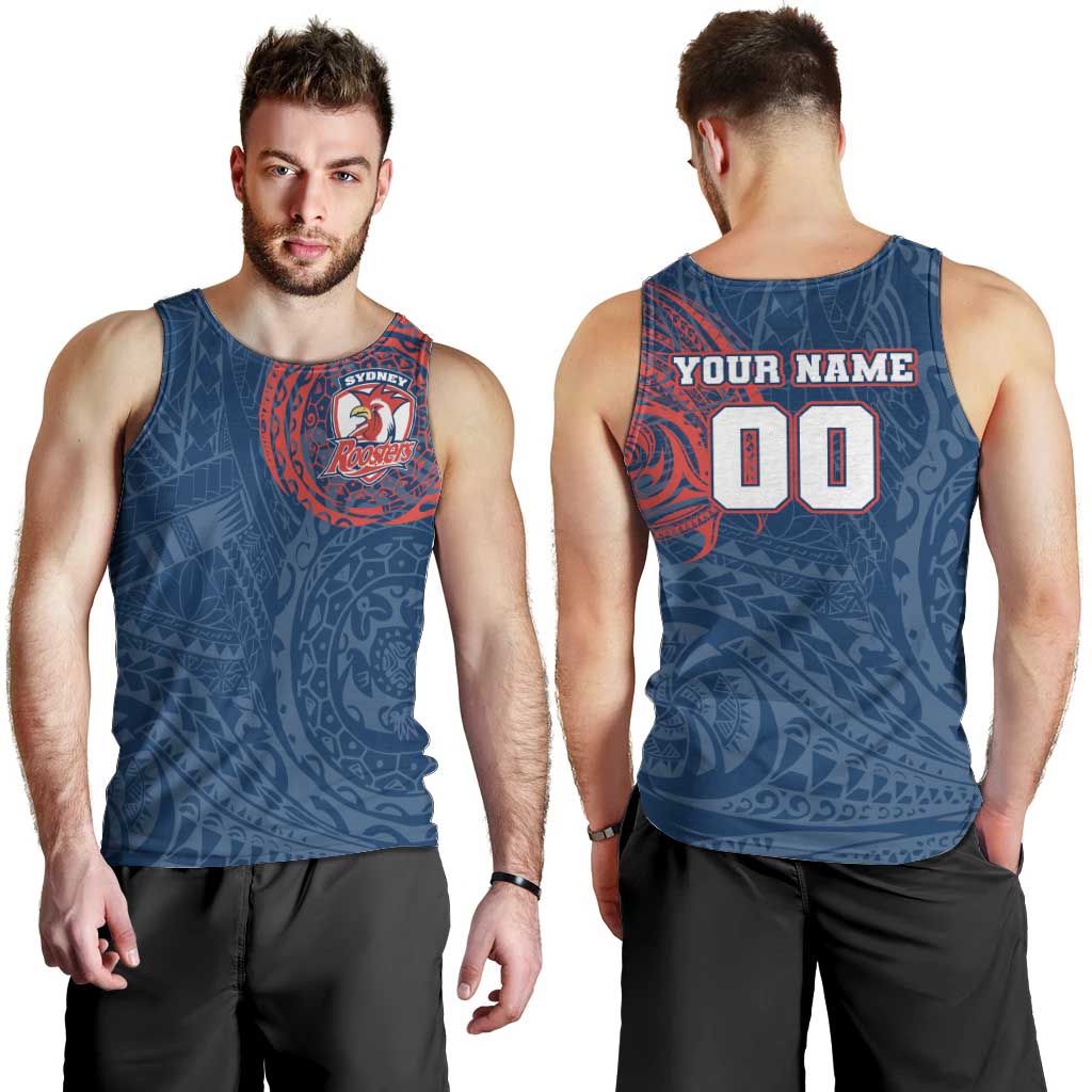 Personalized Sydney Roosters Men Tank Top Polynesian Tribal Chest and Sleeve Tattoo