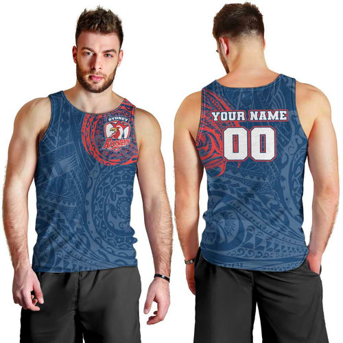 Personalized Sydney Roosters Men Tank Top Polynesian Tribal Chest and Sleeve Tattoo