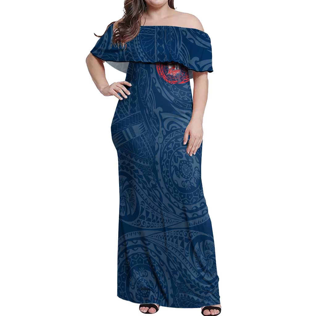Personalized Sydney Roosters Off Shoulder Maxi Dress Polynesian Tribal Chest and Sleeve Tattoo