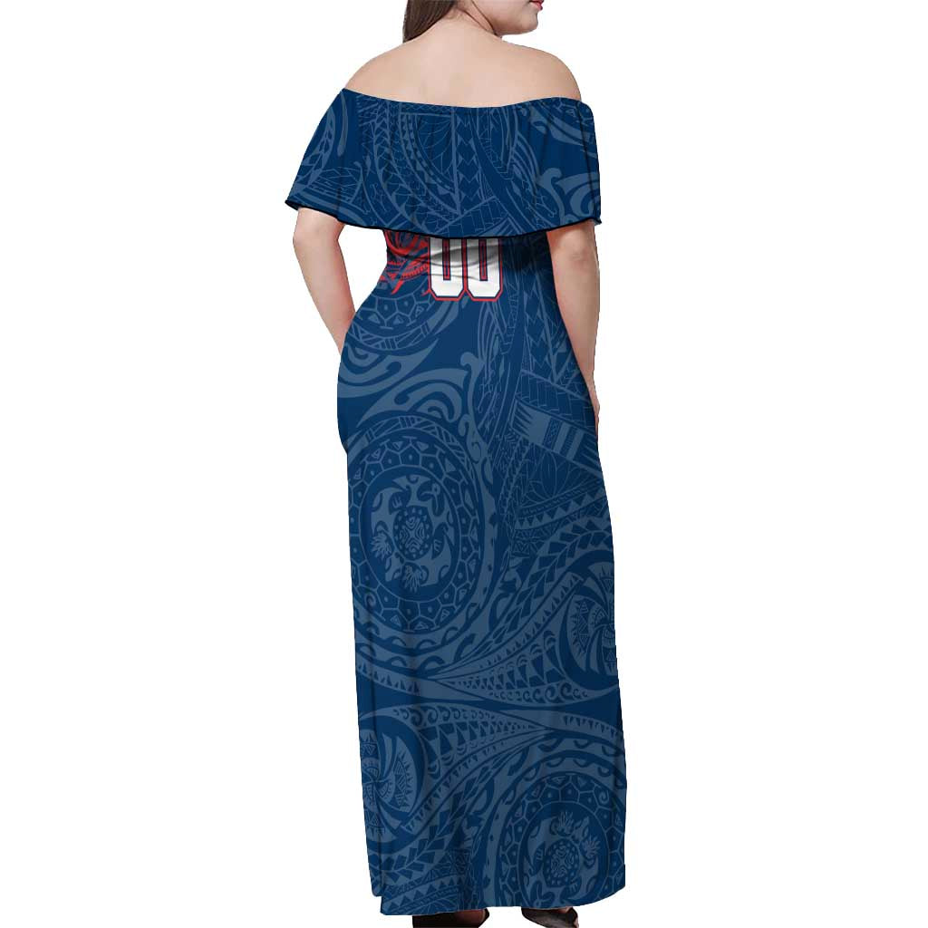 Personalized Sydney Roosters Off Shoulder Maxi Dress Polynesian Tribal Chest and Sleeve Tattoo