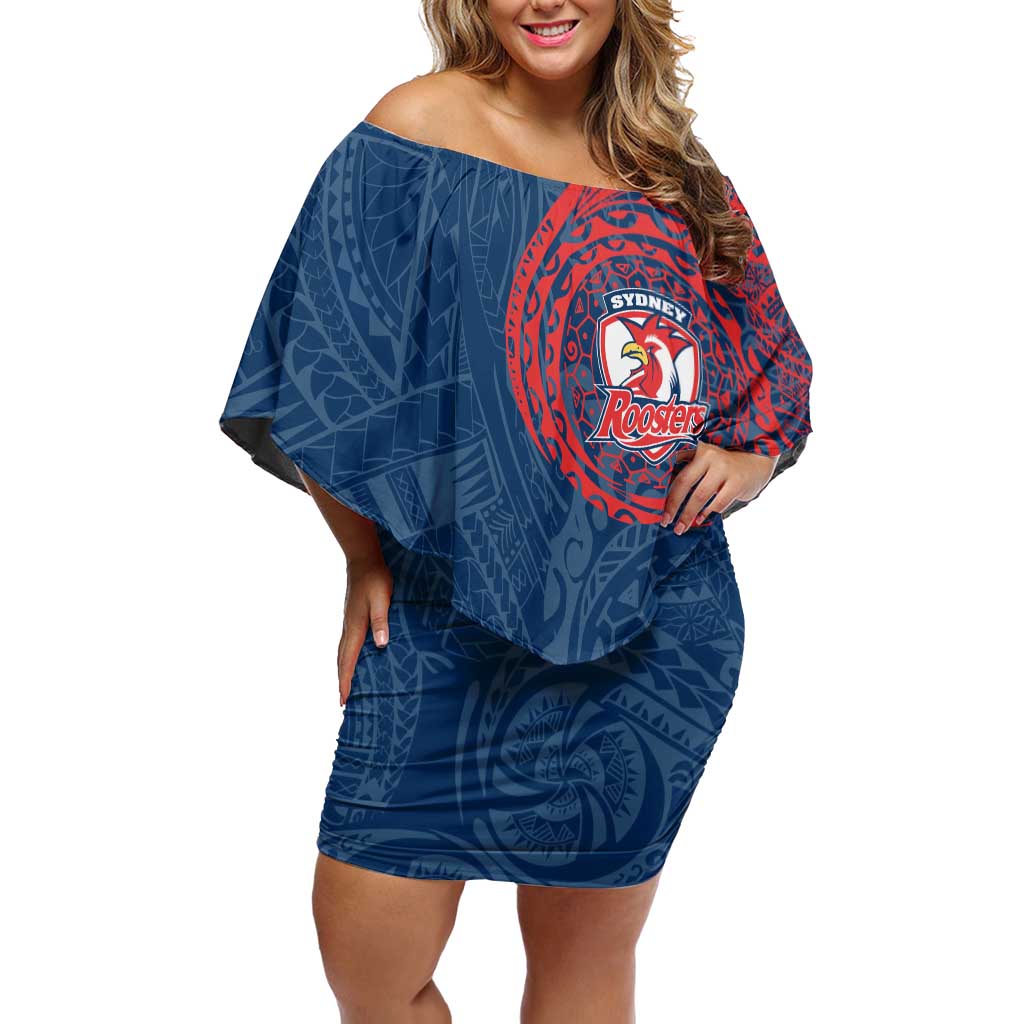 Personalized Sydney Roosters Off Shoulder Short Dress Polynesian Tribal Chest and Sleeve Tattoo