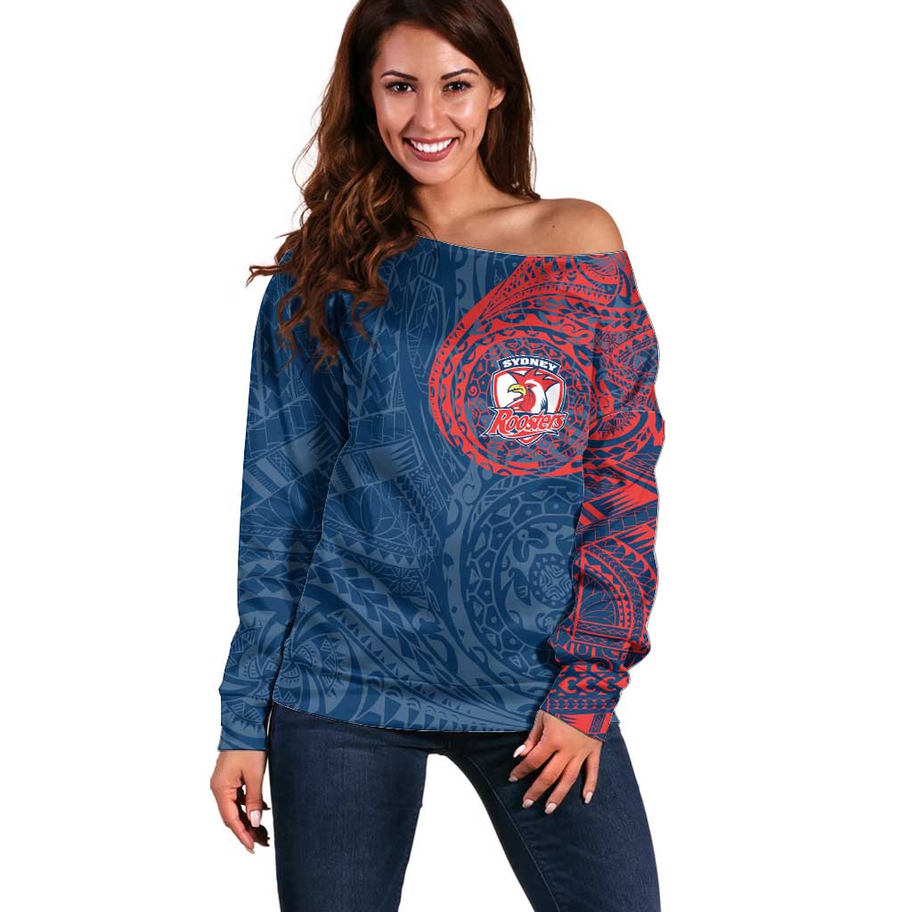 Personalized Sydney Roosters Off Shoulder Sweater Polynesian Tribal Chest and Sleeve Tattoo