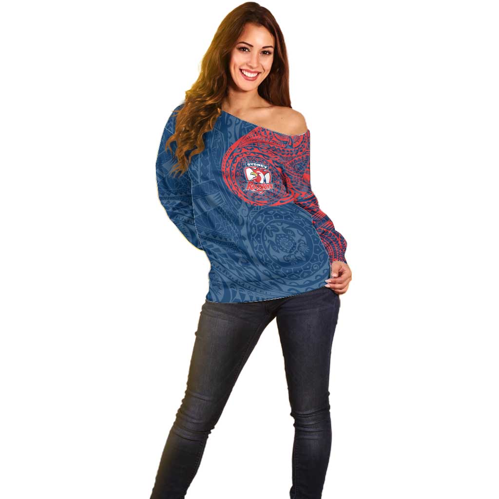 Personalized Sydney Roosters Off Shoulder Sweater Polynesian Tribal Chest and Sleeve Tattoo