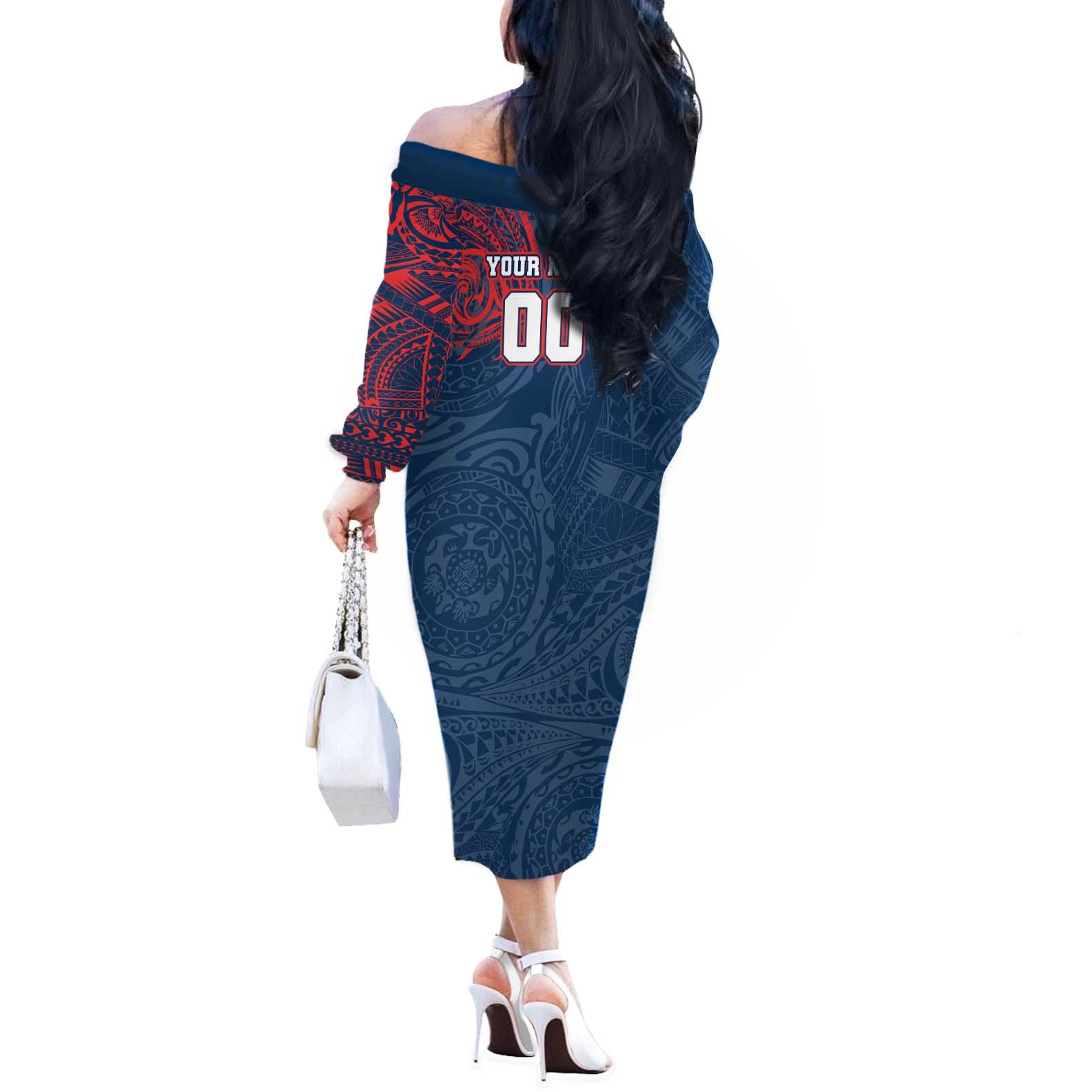 Personalized Sydney Roosters Off The Shoulder Long Sleeve Dress Polynesian Tribal Chest and Sleeve Tattoo