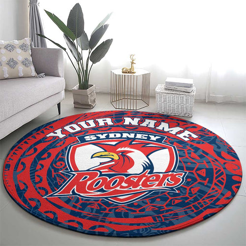 Personalized Sydney Roosters Round Carpet Polynesian Tribal Chest and Sleeve Tattoo