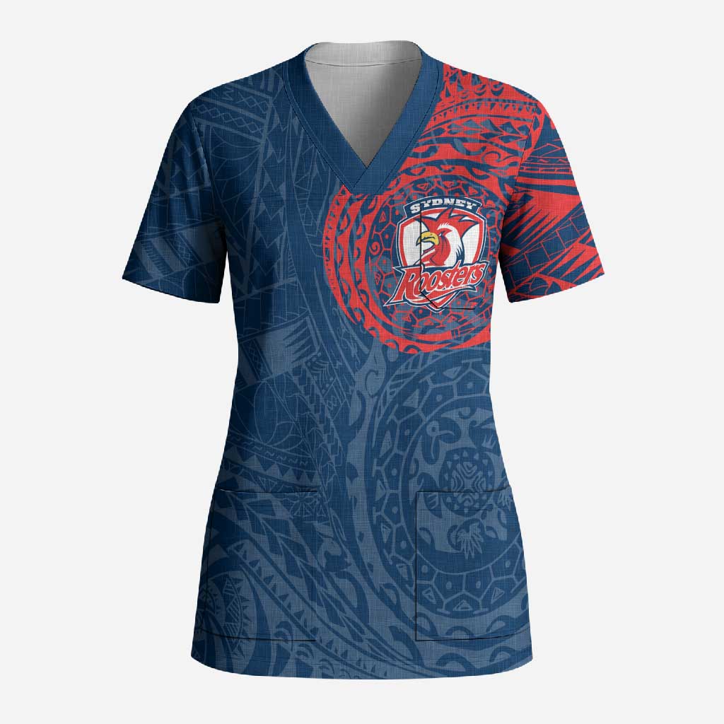 Personalized Sydney Roosters Scrub Top Polynesian Tribal Chest and Sleeve Tattoo