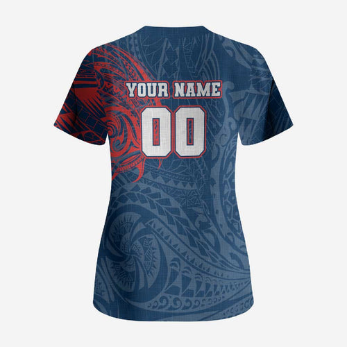 Personalized Sydney Roosters Scrub Top Polynesian Tribal Chest and Sleeve Tattoo