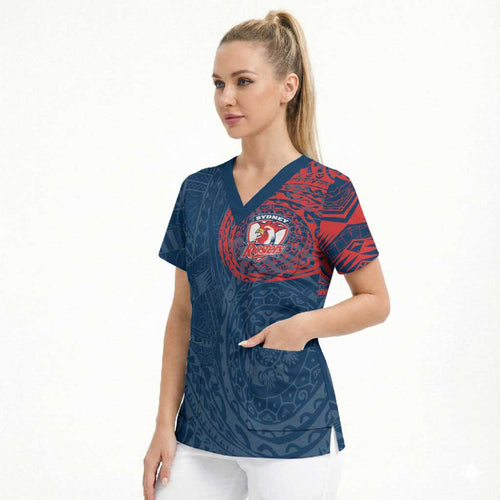 Personalized Sydney Roosters Scrub Top Polynesian Tribal Chest and Sleeve Tattoo