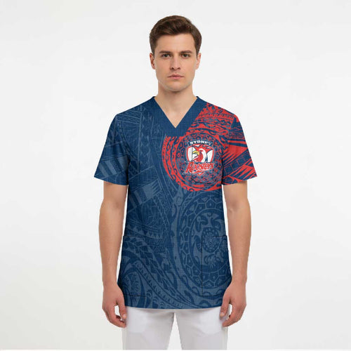 Personalized Sydney Roosters Scrub Top Polynesian Tribal Chest and Sleeve Tattoo