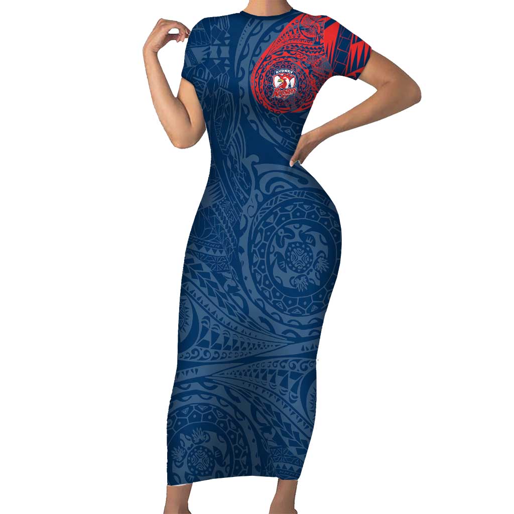 Personalized Sydney Roosters Short Sleeve Bodycon Dress Polynesian Tribal Chest and Sleeve Tattoo