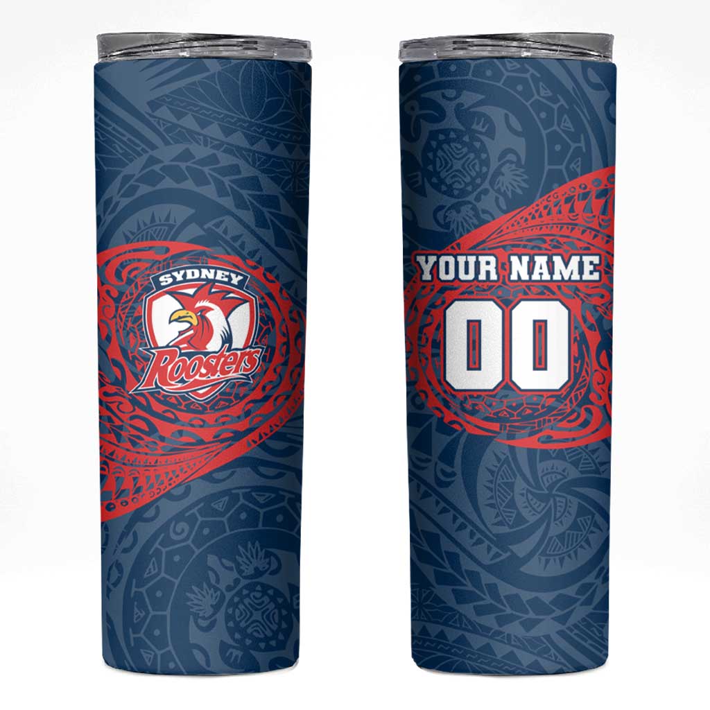 Personalized Sydney Roosters Skinny Tumbler Polynesian Tribal Chest and Sleeve Tattoo