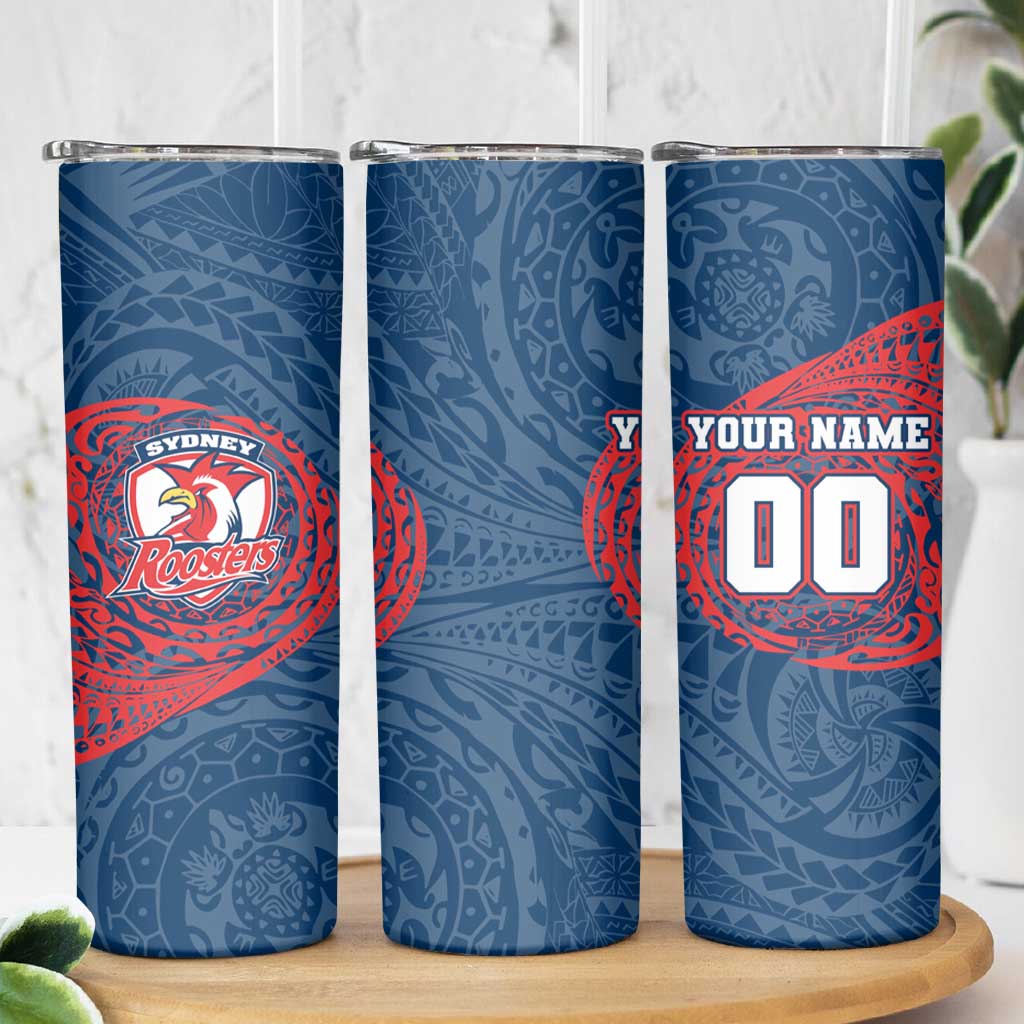 Personalized Sydney Roosters Skinny Tumbler Polynesian Tribal Chest and Sleeve Tattoo