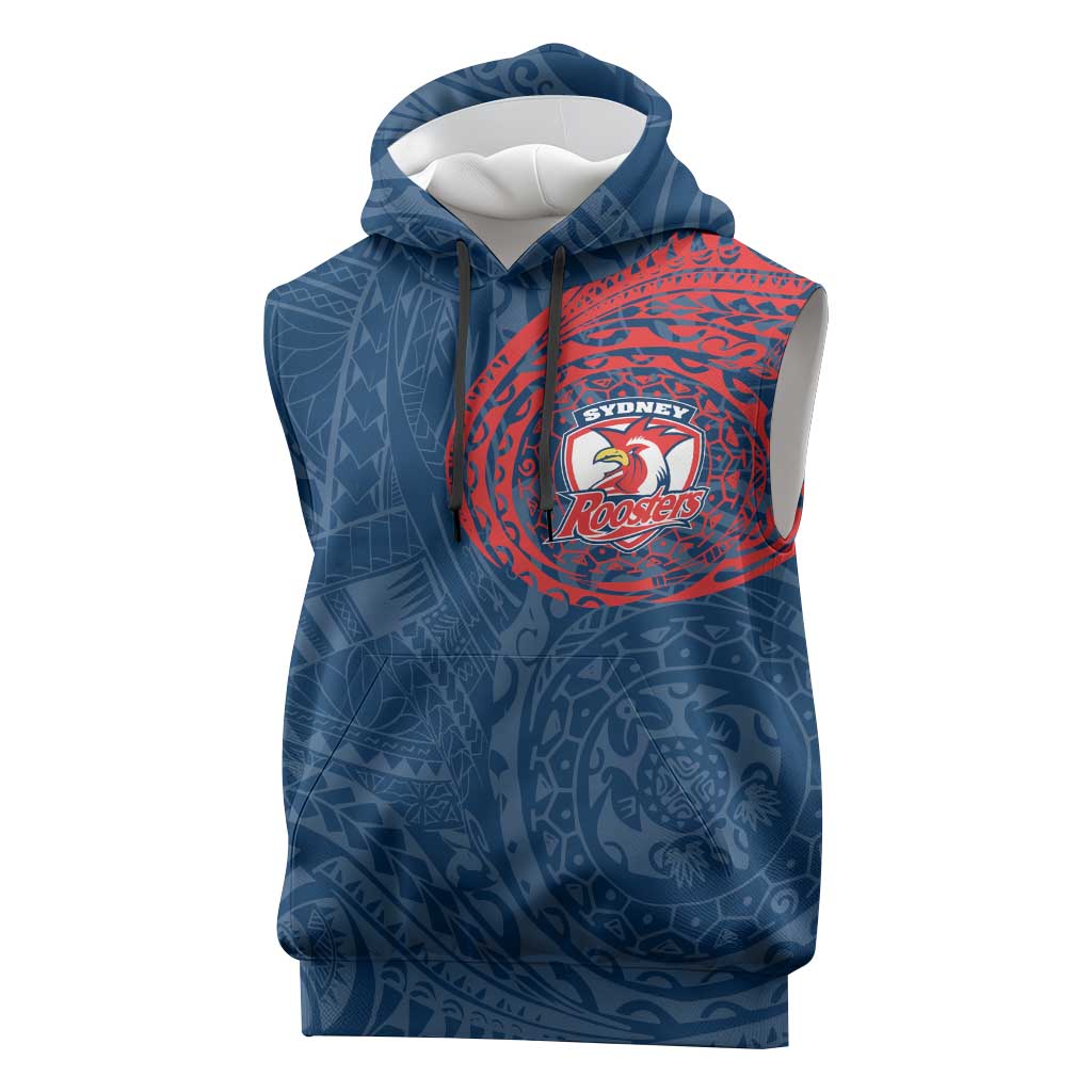 Personalized Sydney Roosters Sleeveless Hoodie Polynesian Tribal Chest and Sleeve Tattoo