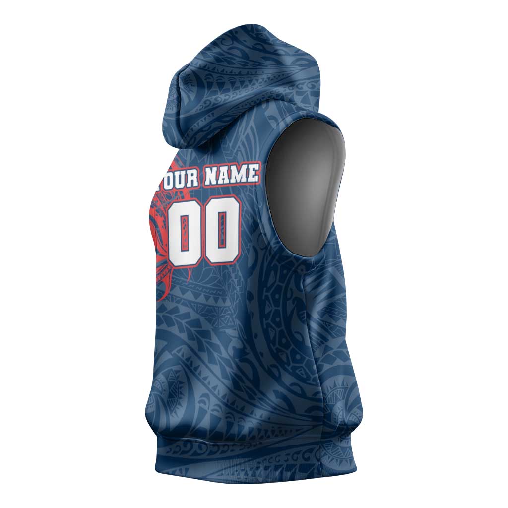 Personalized Sydney Roosters Sleeveless Hoodie Polynesian Tribal Chest and Sleeve Tattoo