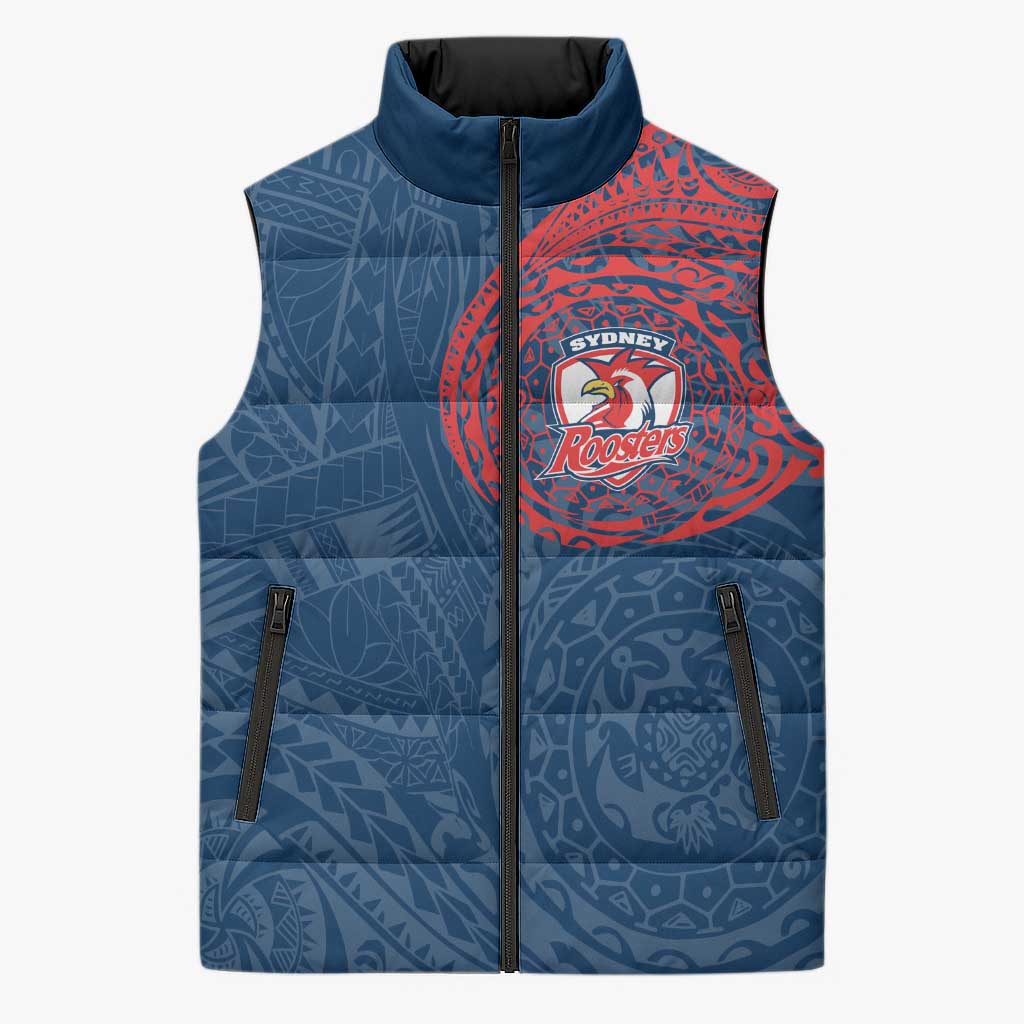 Personalized Sydney Roosters Sleeveless Puffer Jacket Polynesian Tribal Chest and Sleeve Tattoo