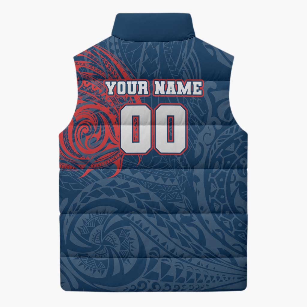 Personalized Sydney Roosters Sleeveless Puffer Jacket Polynesian Tribal Chest and Sleeve Tattoo
