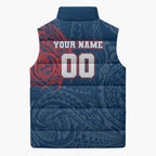 Personalized Sydney Roosters Sleeveless Puffer Jacket Polynesian Tribal Chest and Sleeve Tattoo
