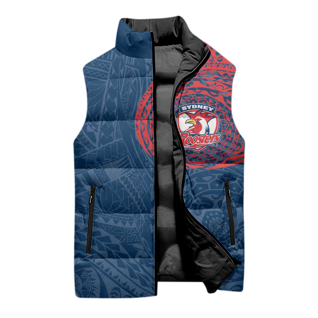 Personalized Sydney Roosters Sleeveless Puffer Jacket Polynesian Tribal Chest and Sleeve Tattoo