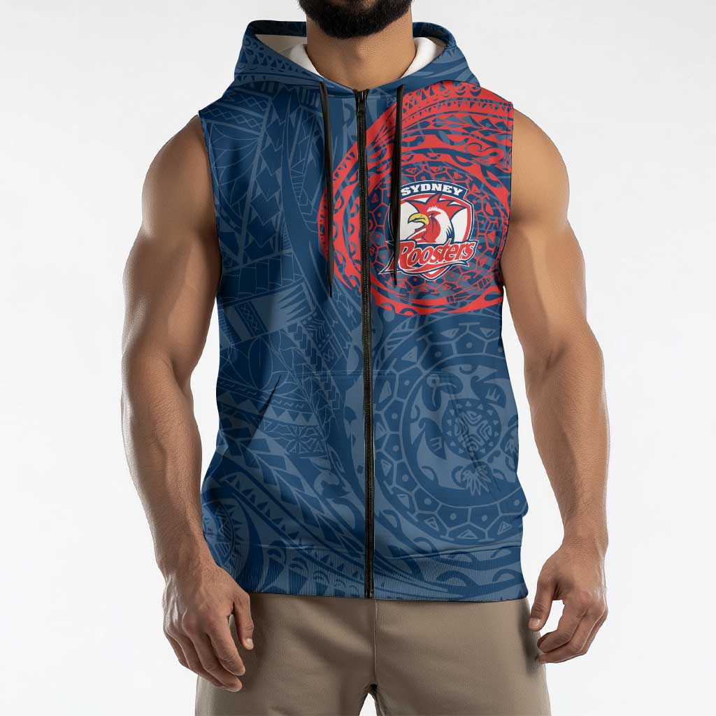 Personalized Sydney Roosters Sleeveless Zip Hoodie Polynesian Tribal Chest and Sleeve Tattoo