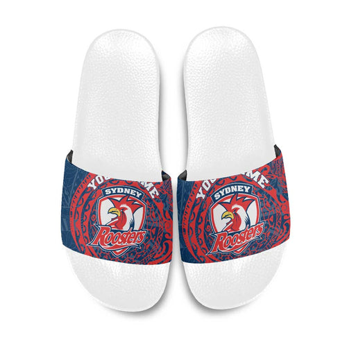 Personalized Sydney Roosters Slide Sandals Polynesian Tribal Chest and Sleeve Tattoo