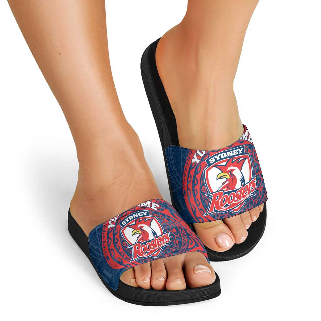 Personalized Sydney Roosters Slide Sandals Polynesian Tribal Chest and Sleeve Tattoo