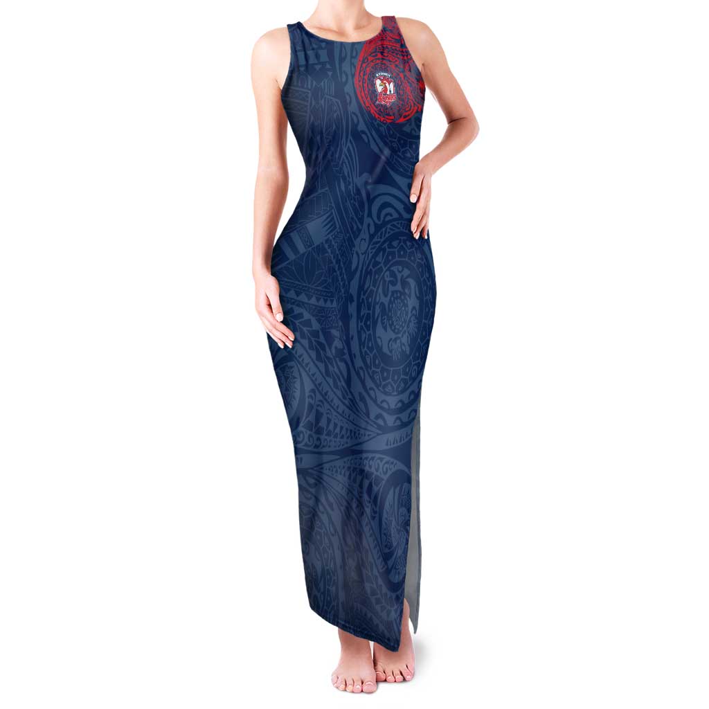 Personalized Sydney Roosters Tank Maxi Dress Polynesian Tribal Chest and Sleeve Tattoo