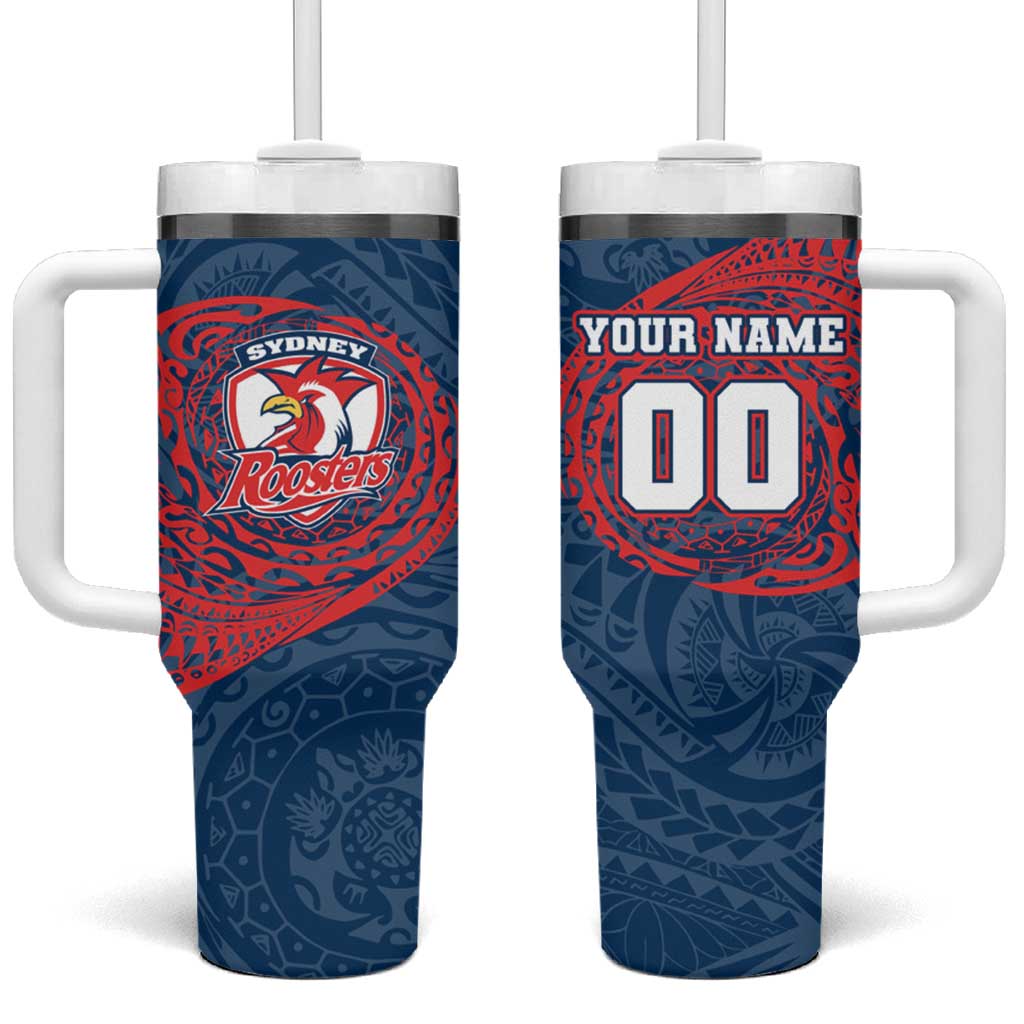Personalized Sydney Roosters Tumbler With Handle Polynesian Tribal Chest and Sleeve Tattoo